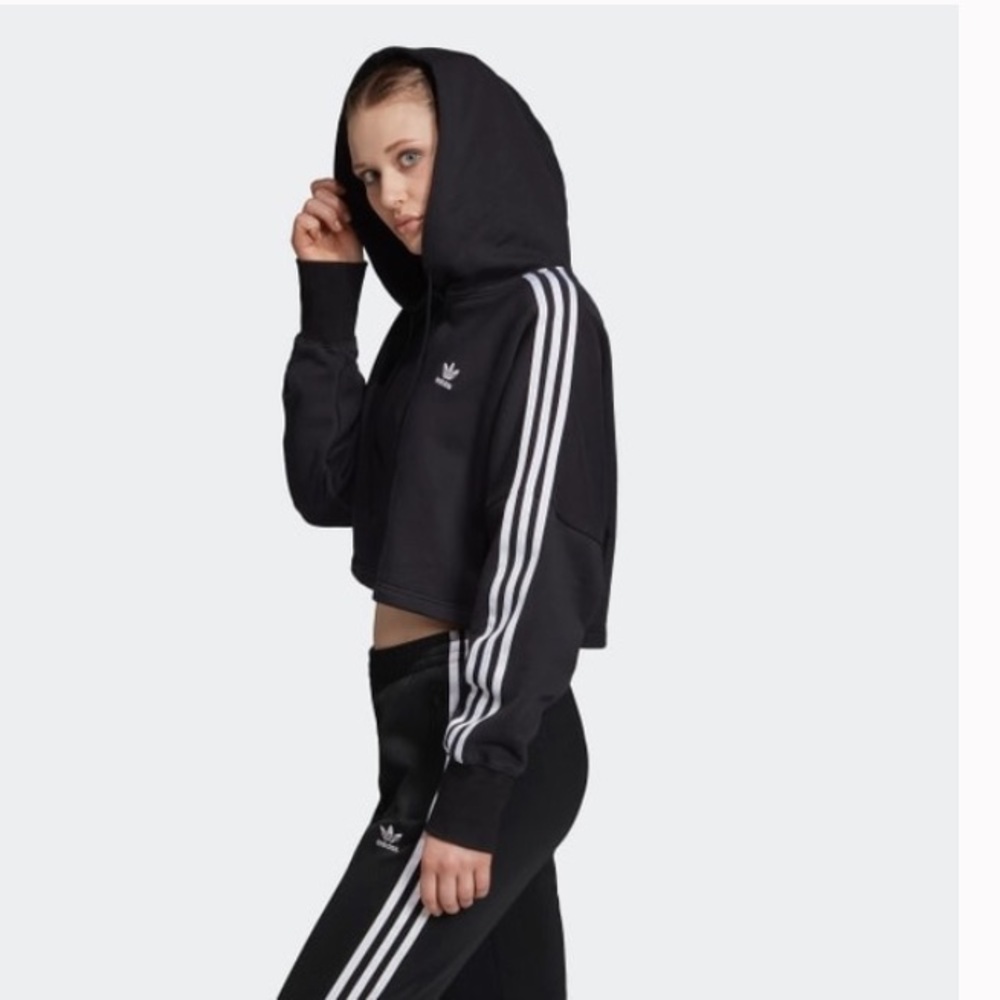 Adidas Cropped Three Striped Hoodie Black